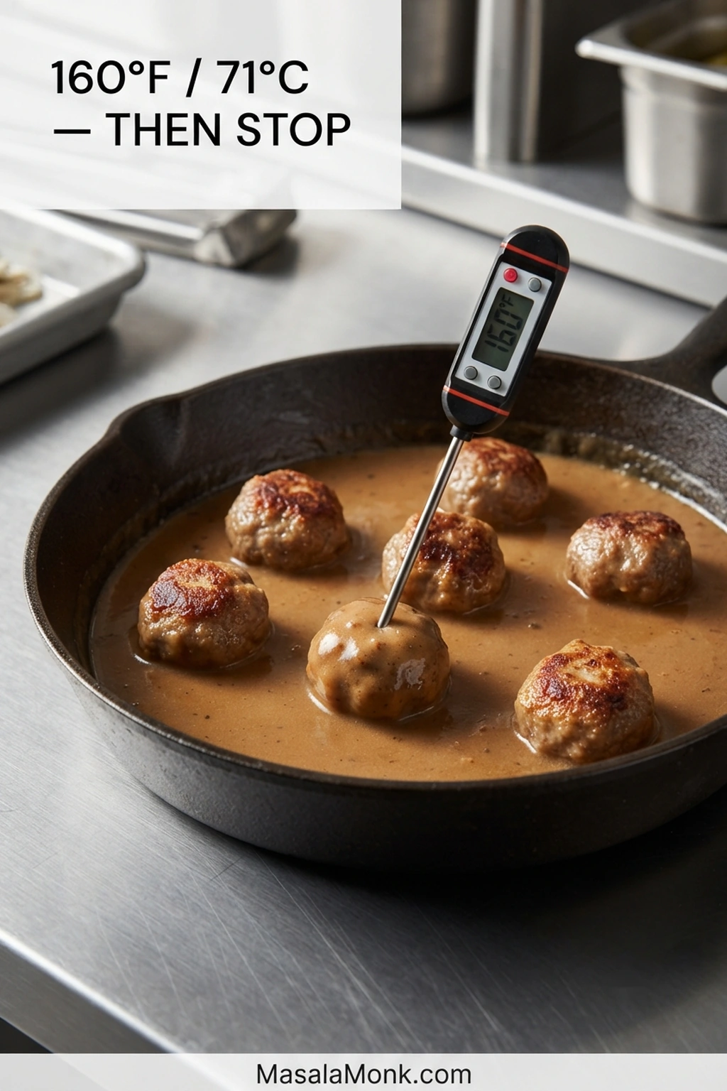 Instant-read thermometer inserted into a small Swedish meatball in brown gravy, reading 160 degrees Fahrenheit, with more meatballs nearby.
