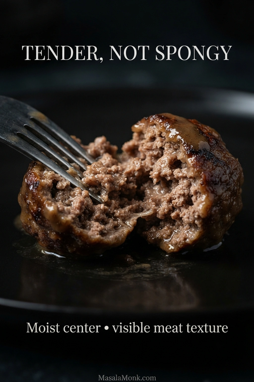 Fork holding a broken-open Swedish meatball with a moist cooked center, visible ground-meat texture, browned crust and gravy.