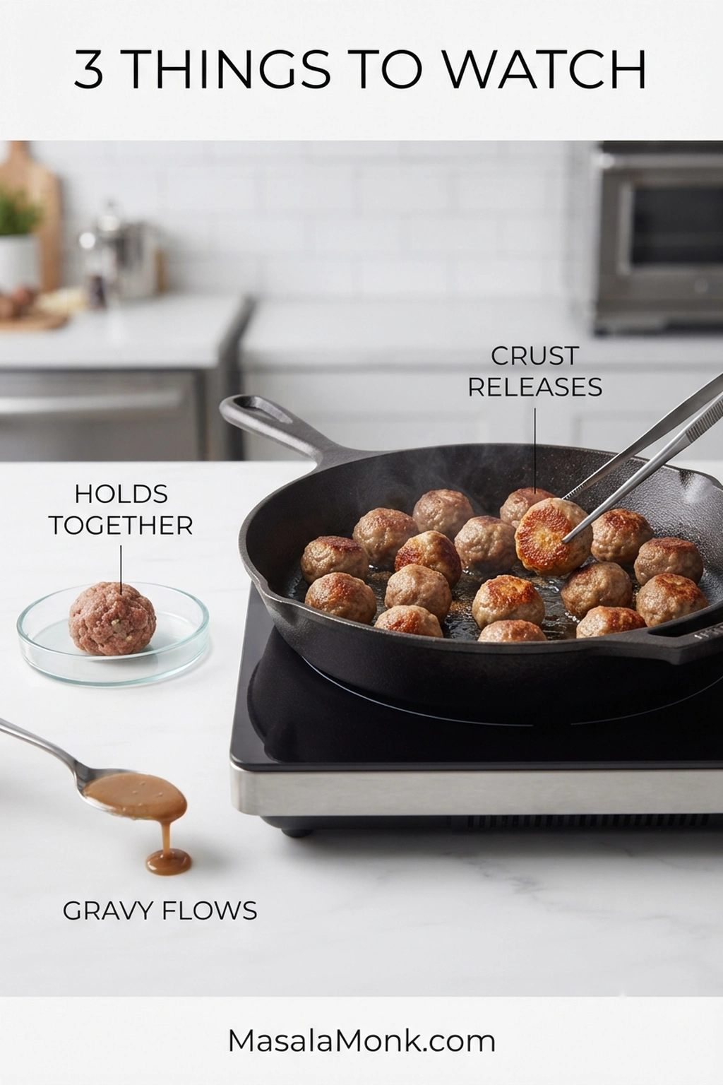 Three Swedish meatball cooking checkpoints showing cohesive raw meat mixture, a browned meatball releasing from a skillet, and flowing brown gravy.