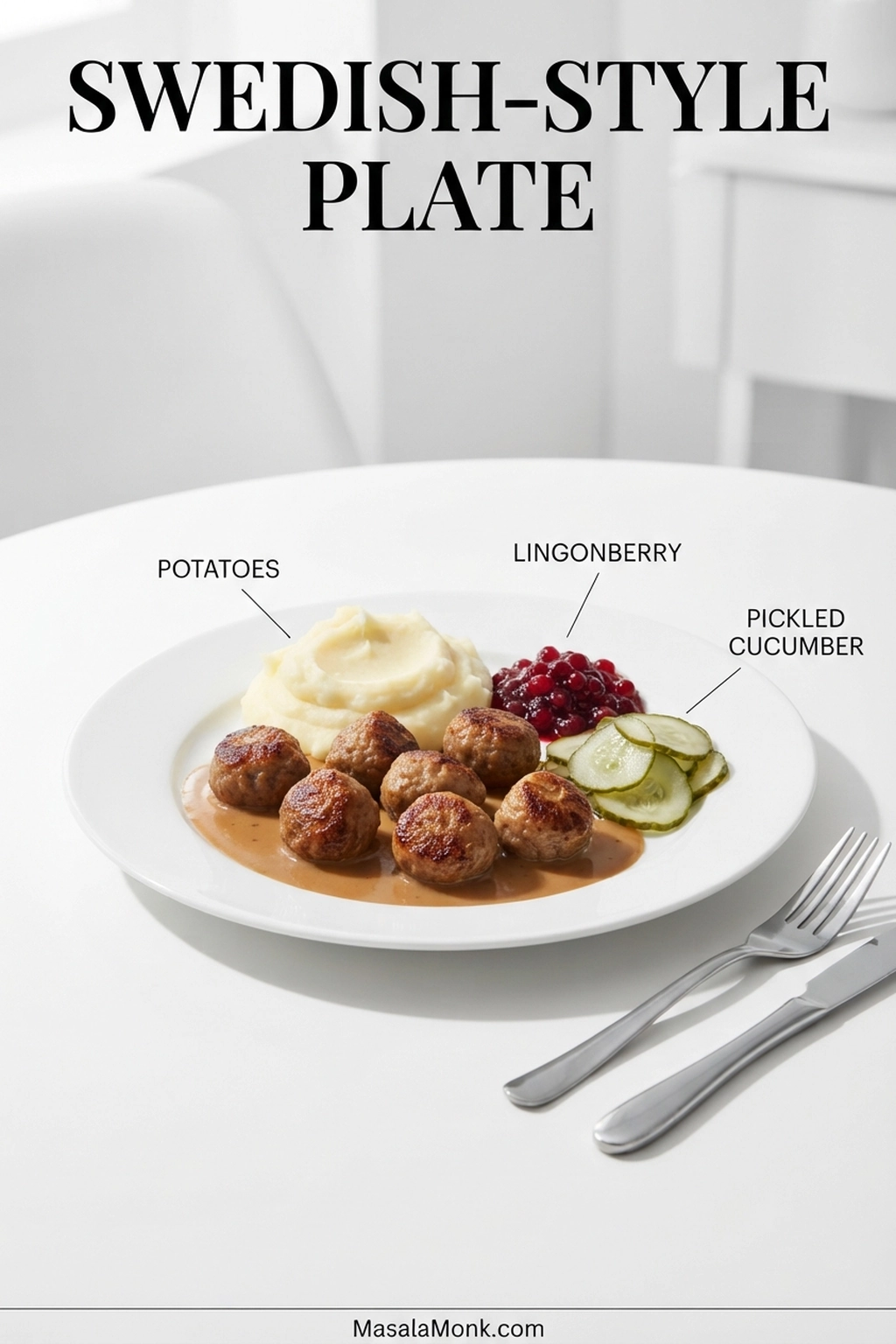 Swedish-style plate with meatballs and brown gravy beside mashed potatoes, lingonberry preserves and thin pickled cucumber slices.
