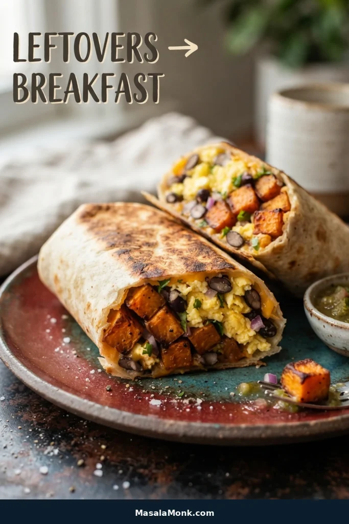 Breakfast burrito cut open to show roasted sweet potato cubes, scrambled eggs, black beans, melted cheese, and salsa.