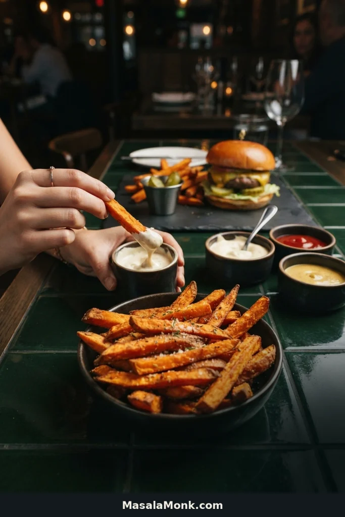Bowl of seasoned sweet potato fries served with a burger and several dipping sauces, with one fry being dipped into a creamy white sauce.