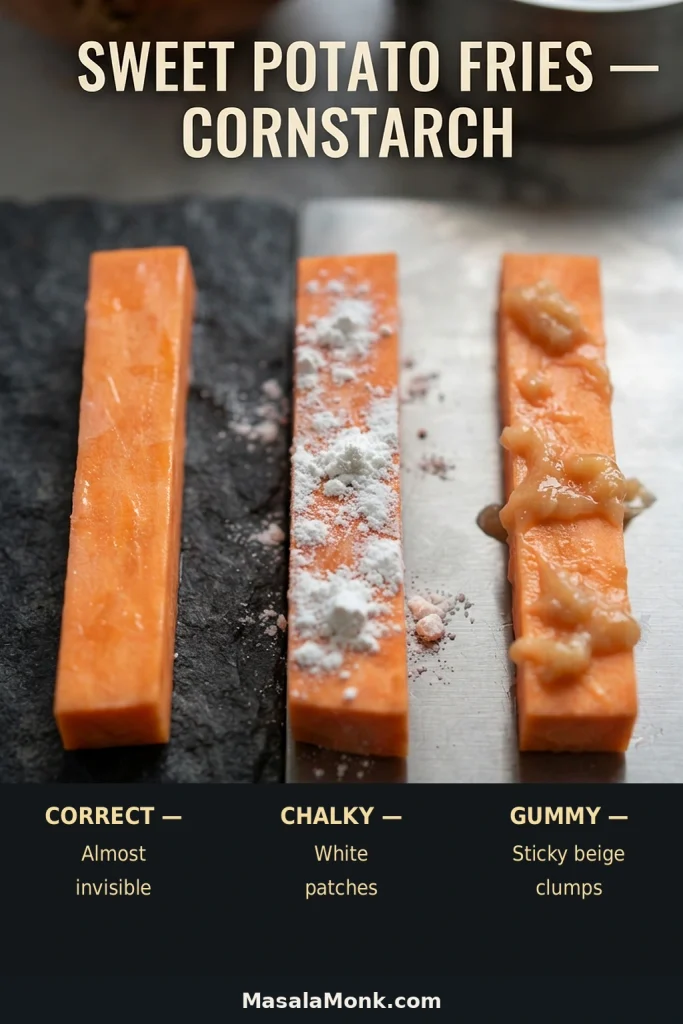 Three sweet potato sticks showing a thin even cornstarch coating, excessive white powdery patches, and sticky beige clumps.