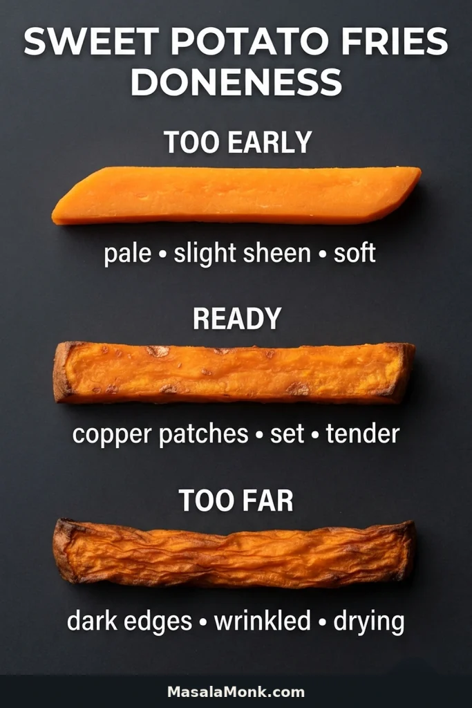 Three sweet potato fries showing doneness stages: pale and soft, properly browned with a set exterior, and overbaked with very dark, shriveled edges.