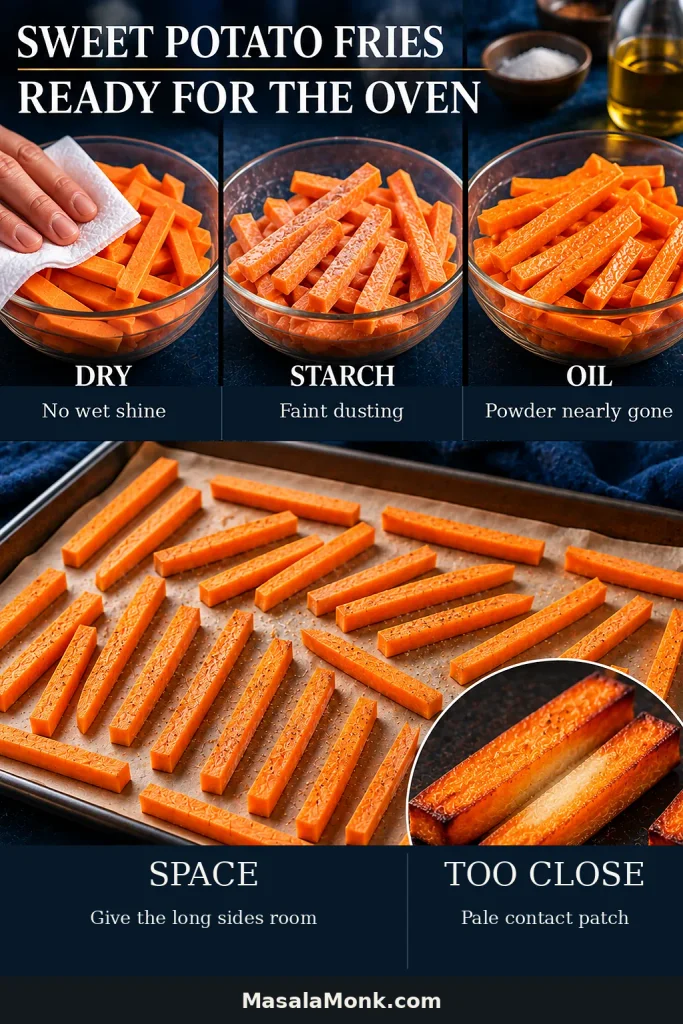 Four-stage preparation guide showing dried sweet potato sticks, a light cornstarch coating, an even coat of oil and fries spaced apart on a parchment-lined baking sheet.