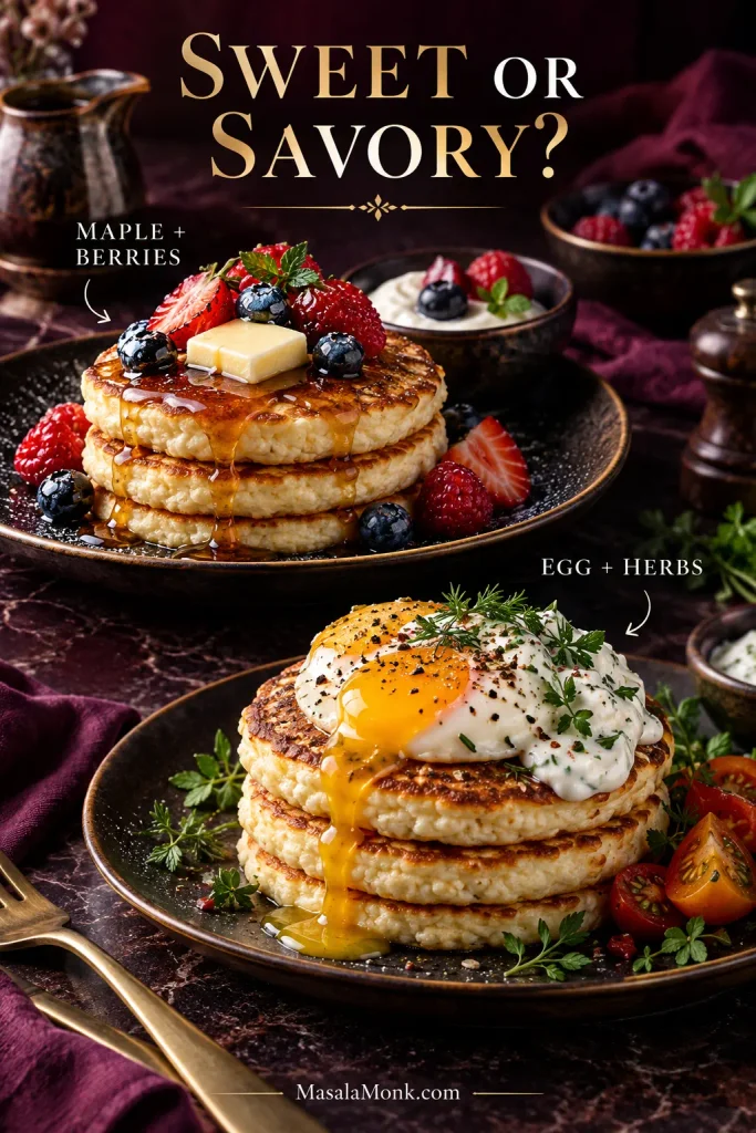 Sweet cottage cheese pancakes with butter, maple syrup and berries beside savory pancakes topped with egg, herbs and a creamy yogurt sauce.