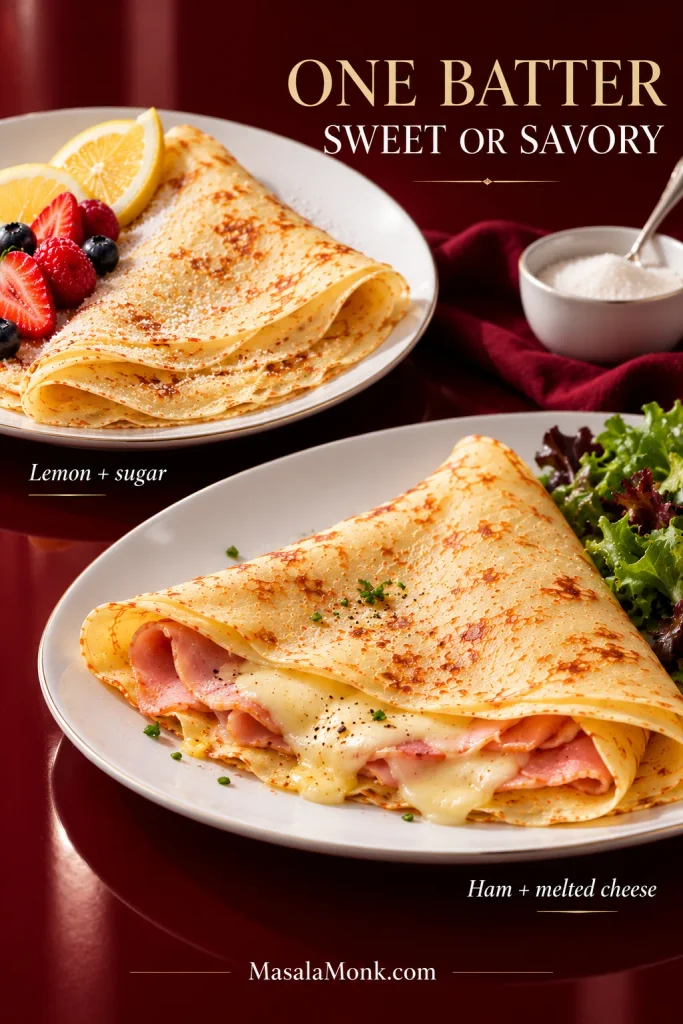 Sweet crepe with lemon, berries, and cream beside a savory crepe filled with ham and melted cheese.