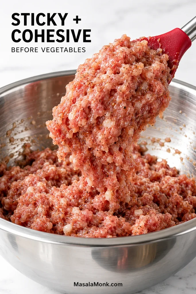 Seasoned raw ground pork being lifted from a metal bowl, showing a sticky cohesive texture while individual meat granules remain visible.