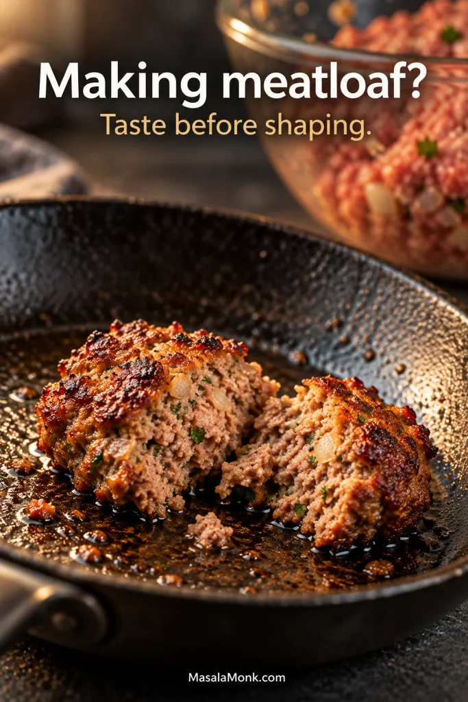 Small cooked sample of meatloaf mixture split open in a skillet, with a bowl of uncooked meat mixture visible behind it.