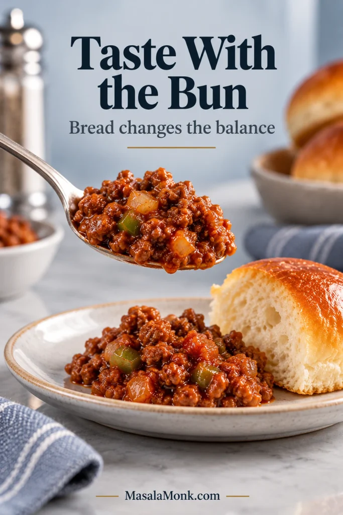 Spoonful of finished Sloppy Joe filling beside a piece of hamburger bun, arranged for tasting before the sandwich is assembled.