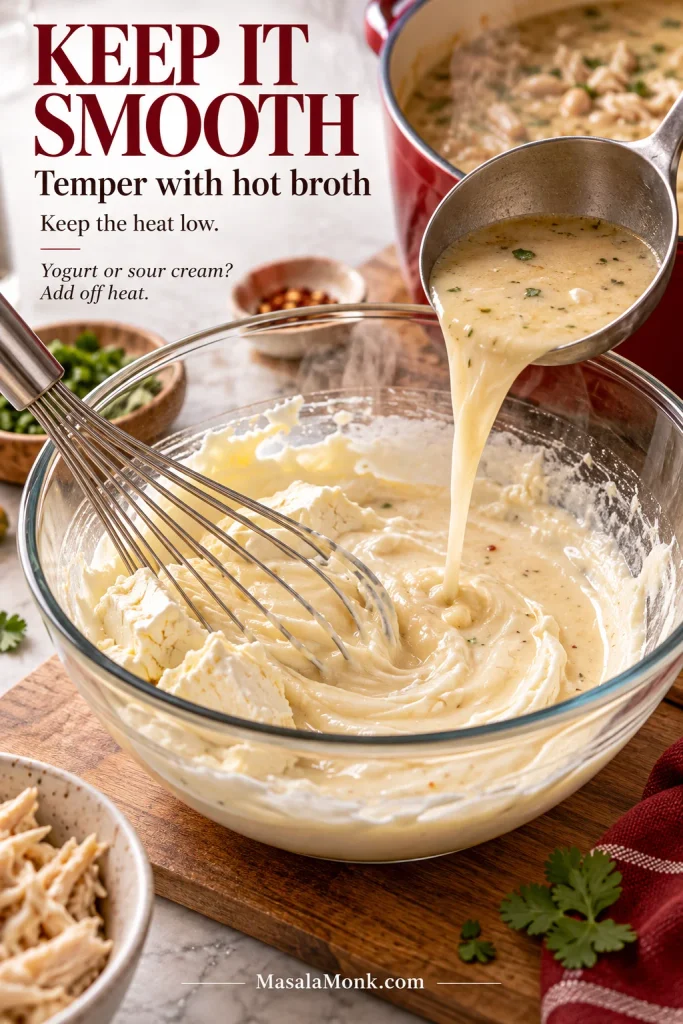 Hot chili broth being whisked into softened cream cheese in a glass bowl until the mixture becomes smoother and thinner.