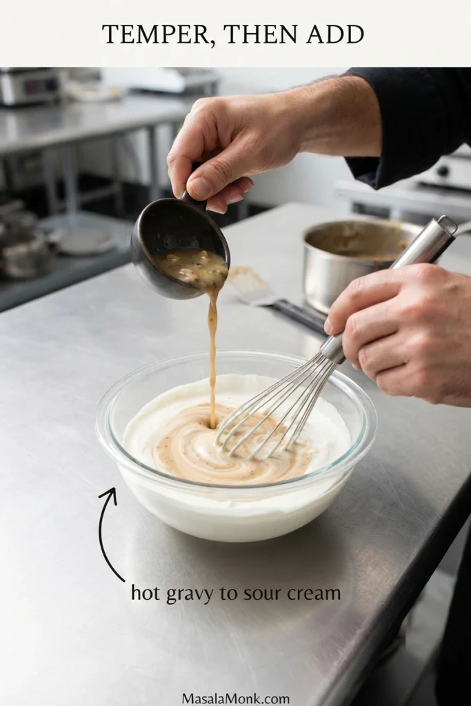 Hot brown gravy being poured into a bowl of white sour cream while it is whisked, creating pale beige swirls during the tempering process.