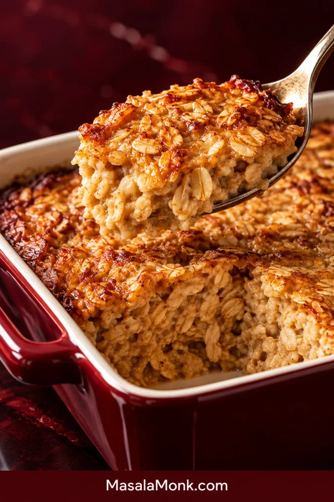 Spoon lifting a warm serving of plain baked oatmeal with visible softened rolled oats and a lightly browned surface.