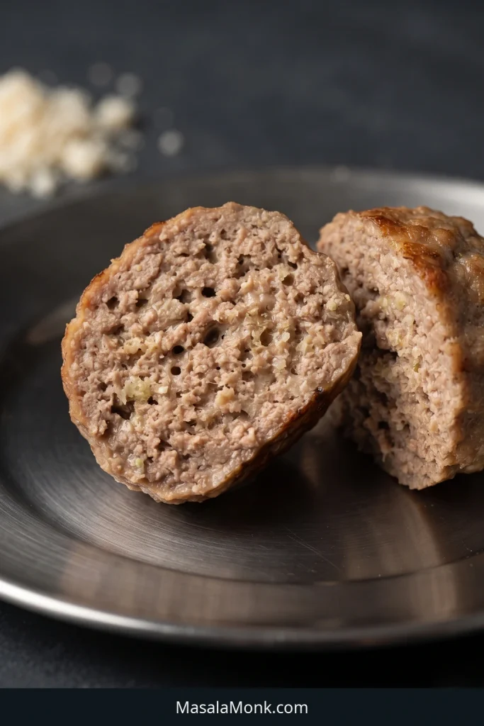 Two halves of a cooked beef-and-pork meatball showing a moist, irregular crumb with small pores and a thin browned exterior.
