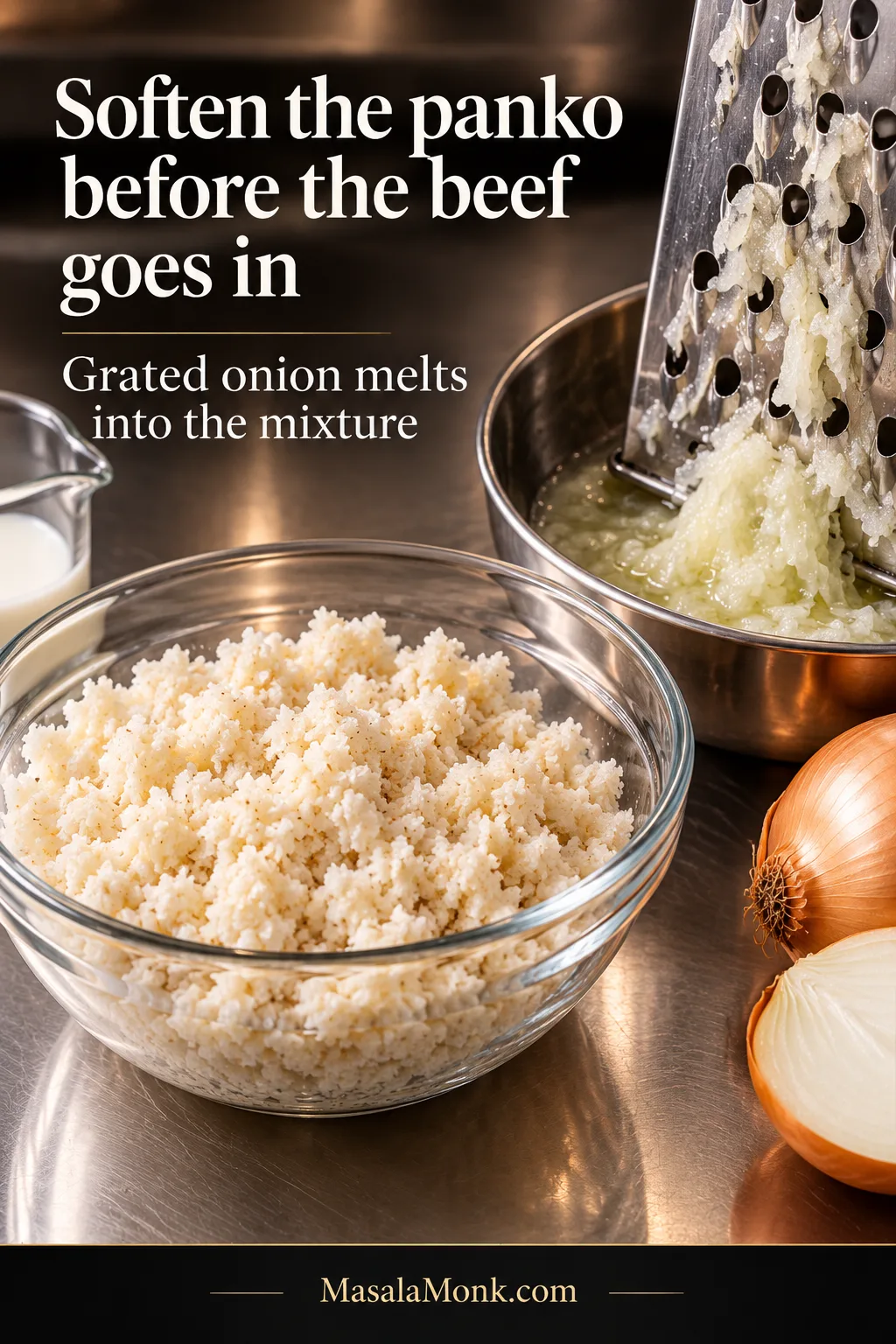 Softened panko in a bowl beside yellow onion grated on the large holes of a box grater, with wet grated onion and its juice visible; instructional text explains the two techniques.