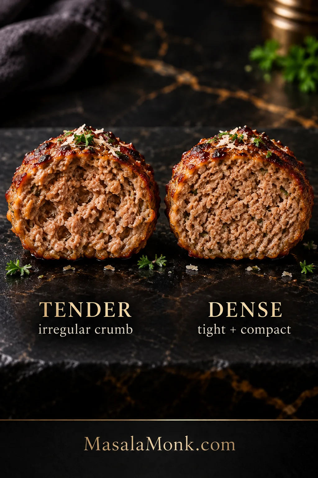Two cooked meatball halves compared side by side: the tender half has a more irregular open crumb, while the dense half has a tighter compact interior; both are labeled.