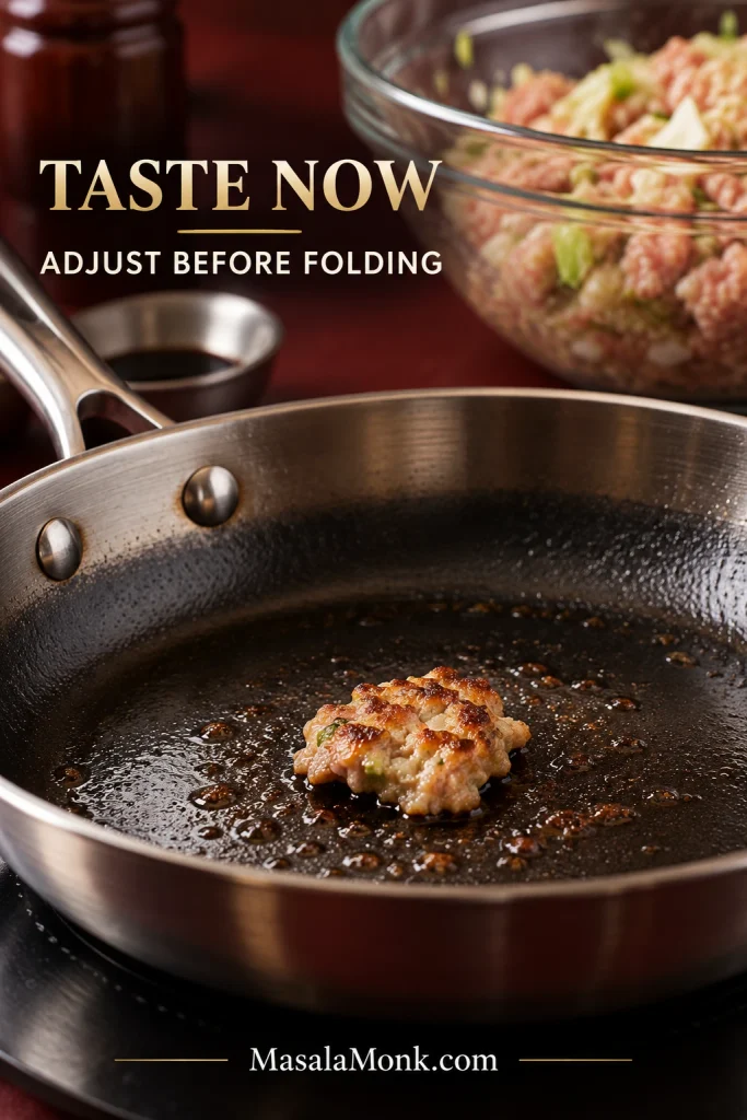 Small cooked tester portion of pork gyoza filling in a skillet, with a bowl of raw filling behind it before the dumplings are folded.
