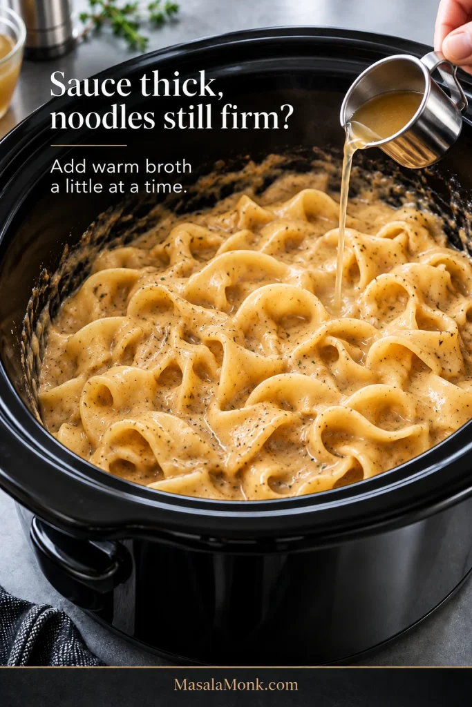 Warm broth being poured into thick chicken and egg noodles in a slow cooker while the noodles are still firm.