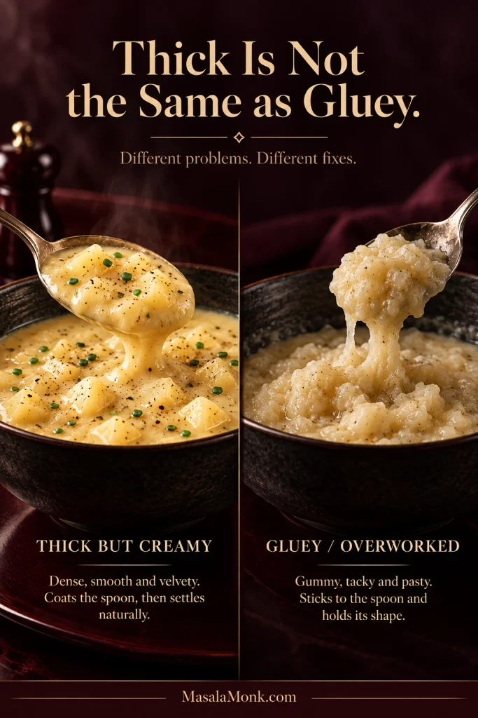 Side-by-side comparison of smooth, thick potato soup and sticky, pasty overworked soup with an elastic texture.