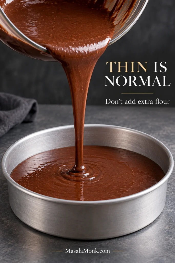 Thin glossy chocolate cake batter pouring in a continuous stream into a round aluminum cake pan and leveling across the surface.