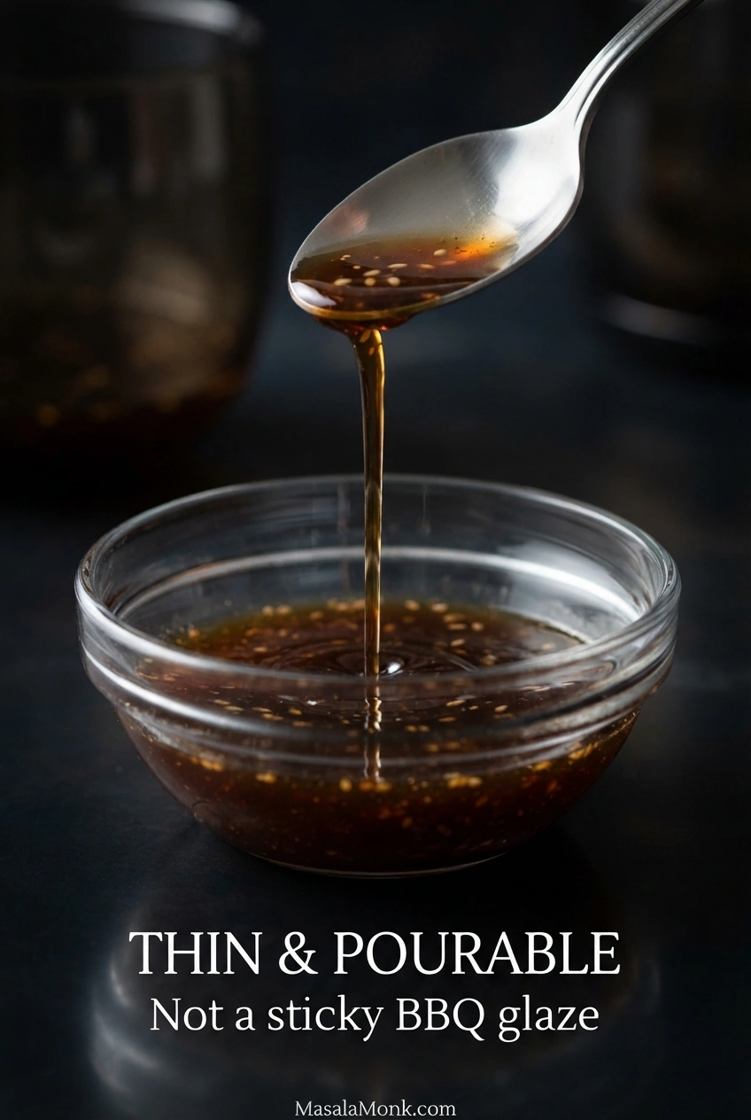 Dark brown bulgogi sauce pouring in a narrow stream from a spoon into a clear glass bowl.
