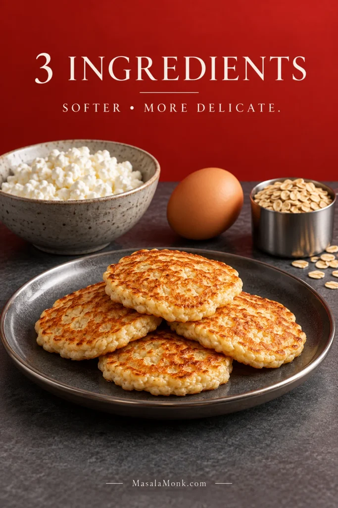 Small three-ingredient cottage cheese pancakes displayed with only cottage cheese, one egg and rolled oats.