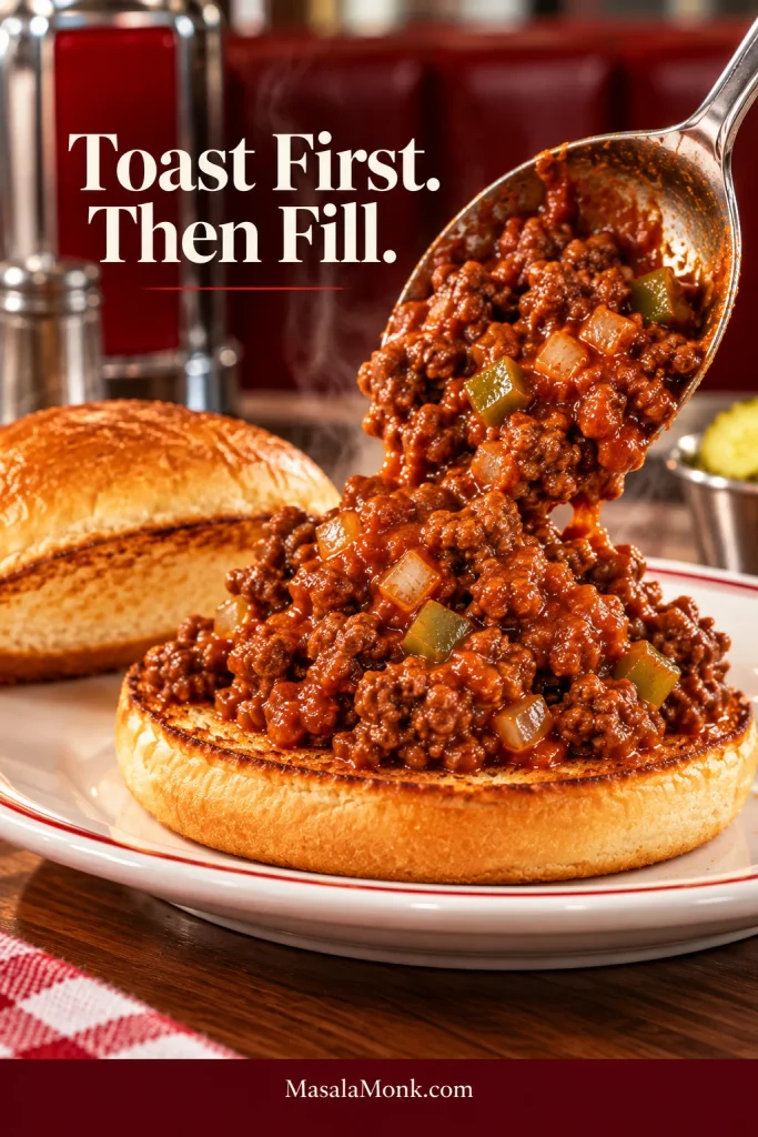 Hot Sloppy Joe filling being spooned onto the golden toasted cut side of a soft hamburger bun on a diner plate.