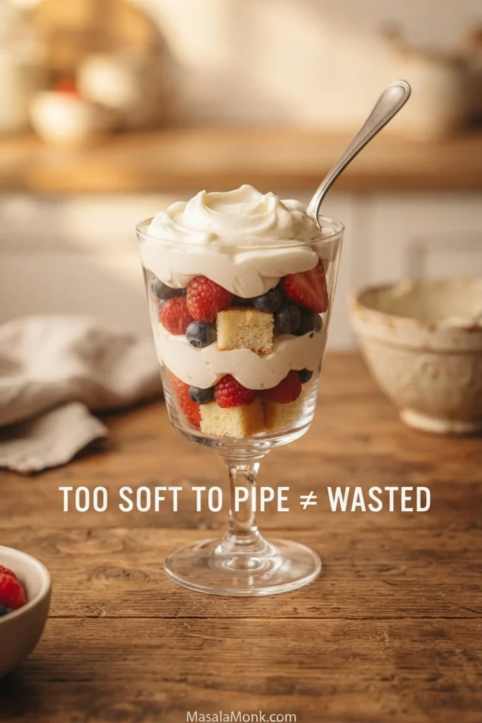 Soft whipped cream cheese frosting used successfully in a layered dessert glass when it is too loose for decorative piping.