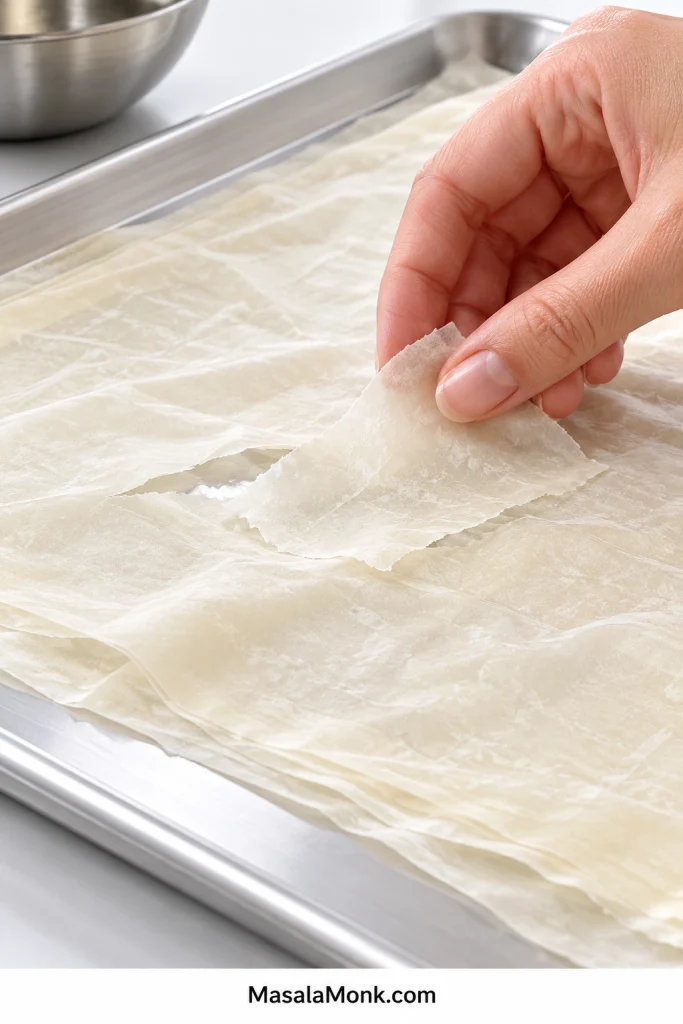 Hand placing a thin scrap of raw phyllo flat over a small tear in an inner phyllo sheet during baklava assembly.
