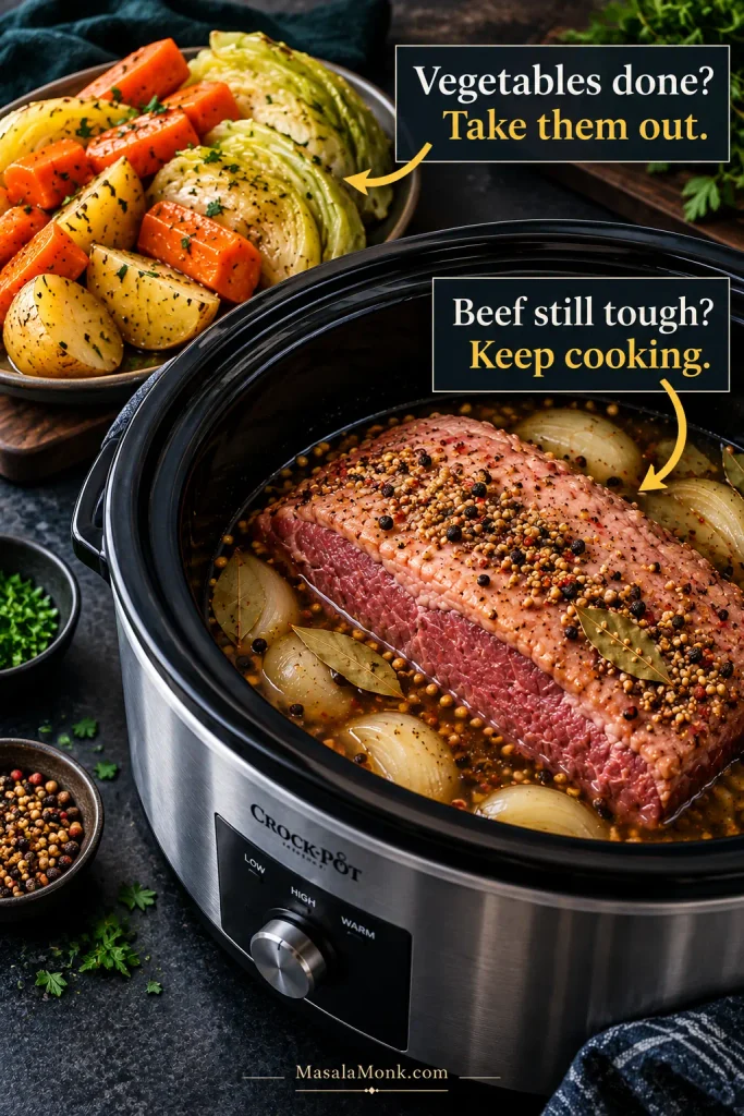 Cooked potatoes, carrots and cabbage set aside while a cooked but still-firm corned beef brisket continues cooking in the slow cooker.