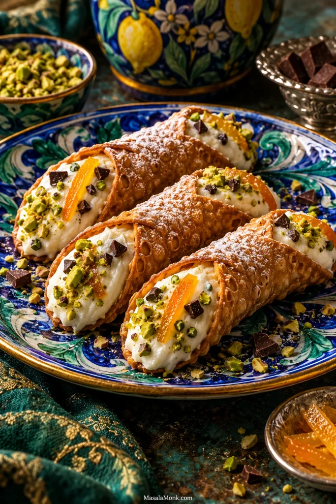 Three Sicilian-style cannoli filled with ricotta cream and finished with pistachios, dark chocolate and candied orange on colorful ceramic plates.