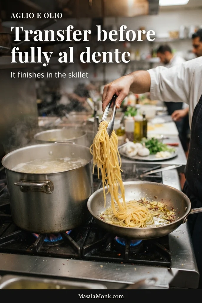 Cooked spaghetti being lifted with stainless-steel tongs from a pasta pot toward a nearby skillet so the noodles can finish cooking in the pan.