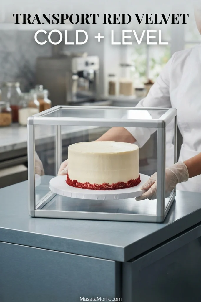 Finished frosted red velvet cake sitting level on a rigid board inside a clear cake carrier.
