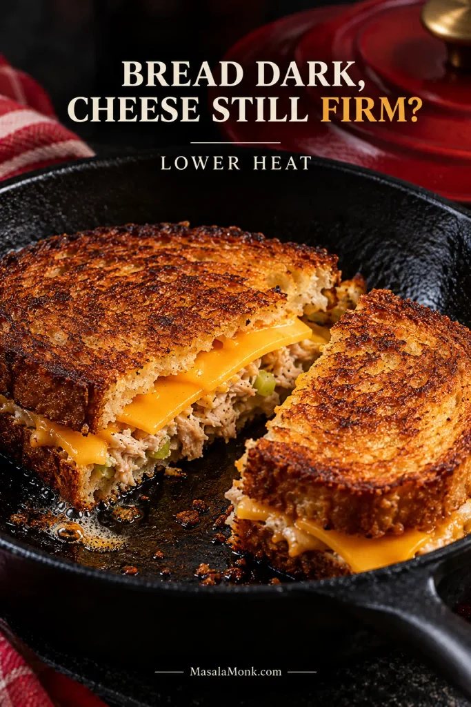 Dark-golden tuna melt opened in a skillet, showing cheddar inside that has softened but is still holding its slice shape.
