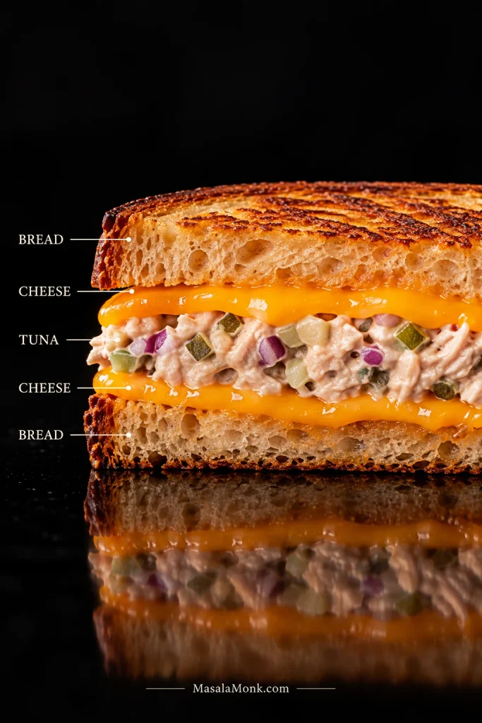 Side-view tuna melt showing labeled layers of bread, cheddar, tuna filling, cheddar, and bread.