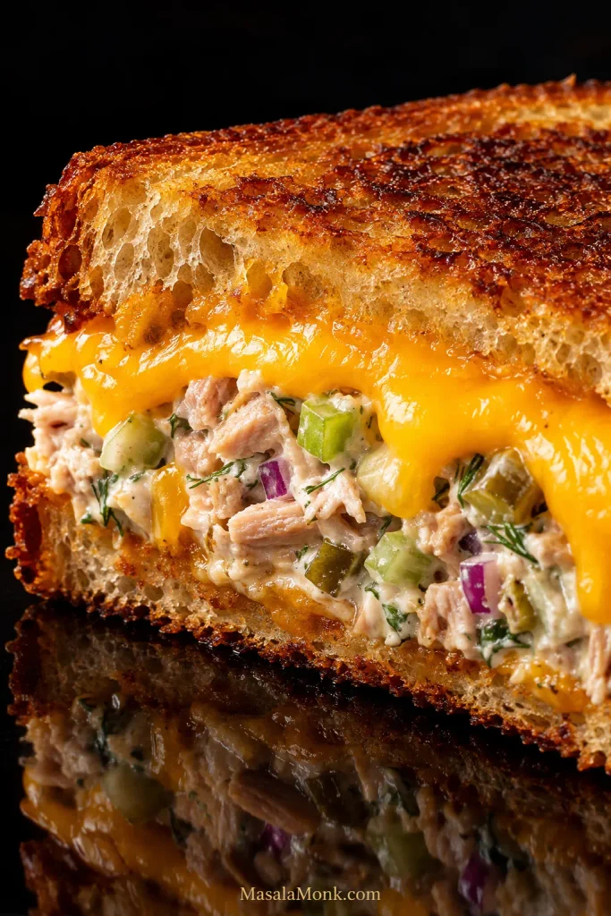 Close-up cross-section of toasted sourdough with creamy tuna filling and melted cheddar between the bread slices.