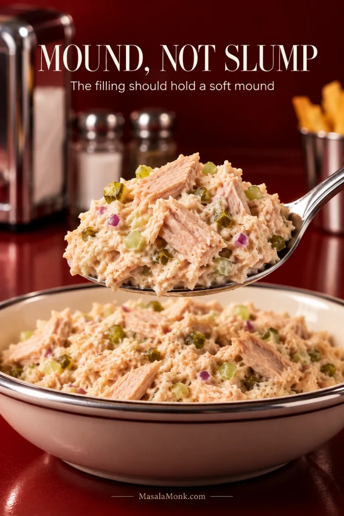 Spoonful of creamy tuna filling with visible tuna flakes and finely diced vegetables holding a soft mound above a bowl.