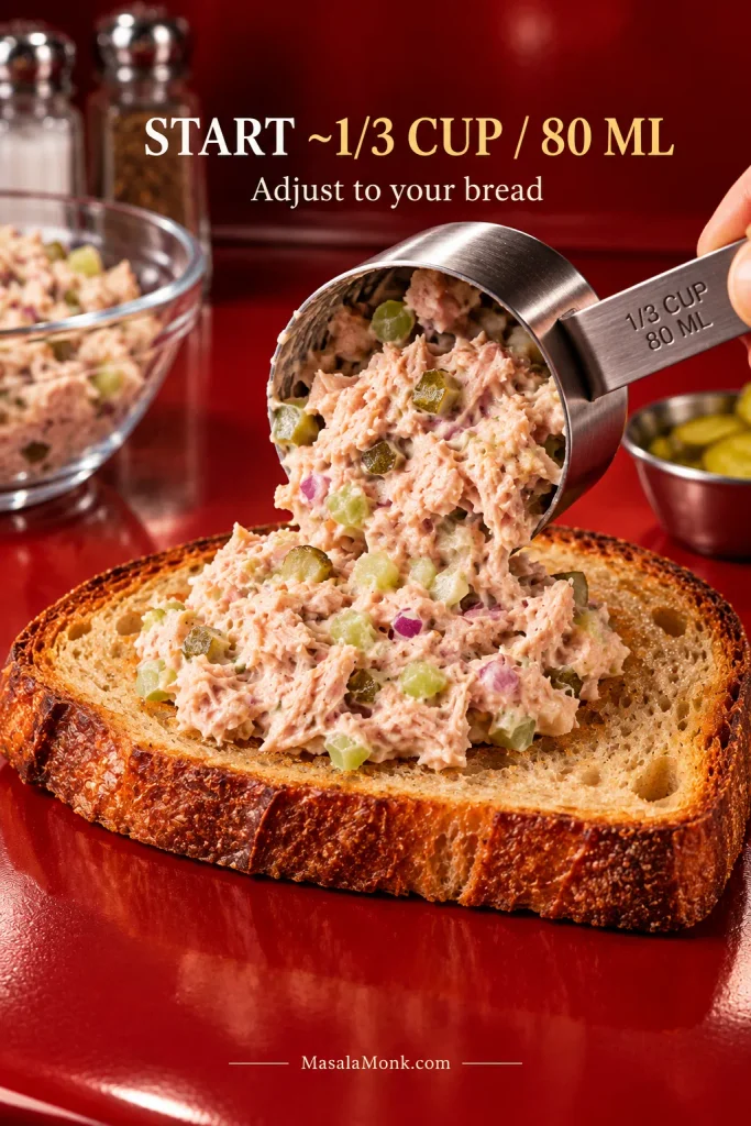 A one-third-cup measure placing tuna filling onto a slice of sourdough with space left around the bread edges.