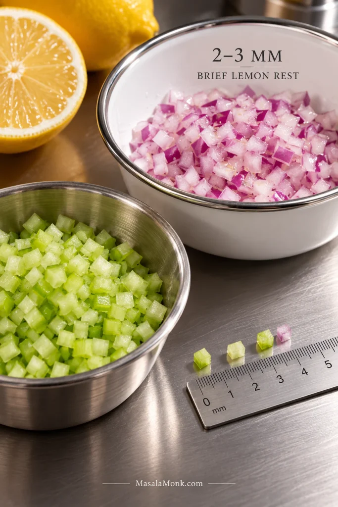 Finely diced celery and red onion beside a small measurement guide, with diced onion lightly coated with lemon in a bowl.