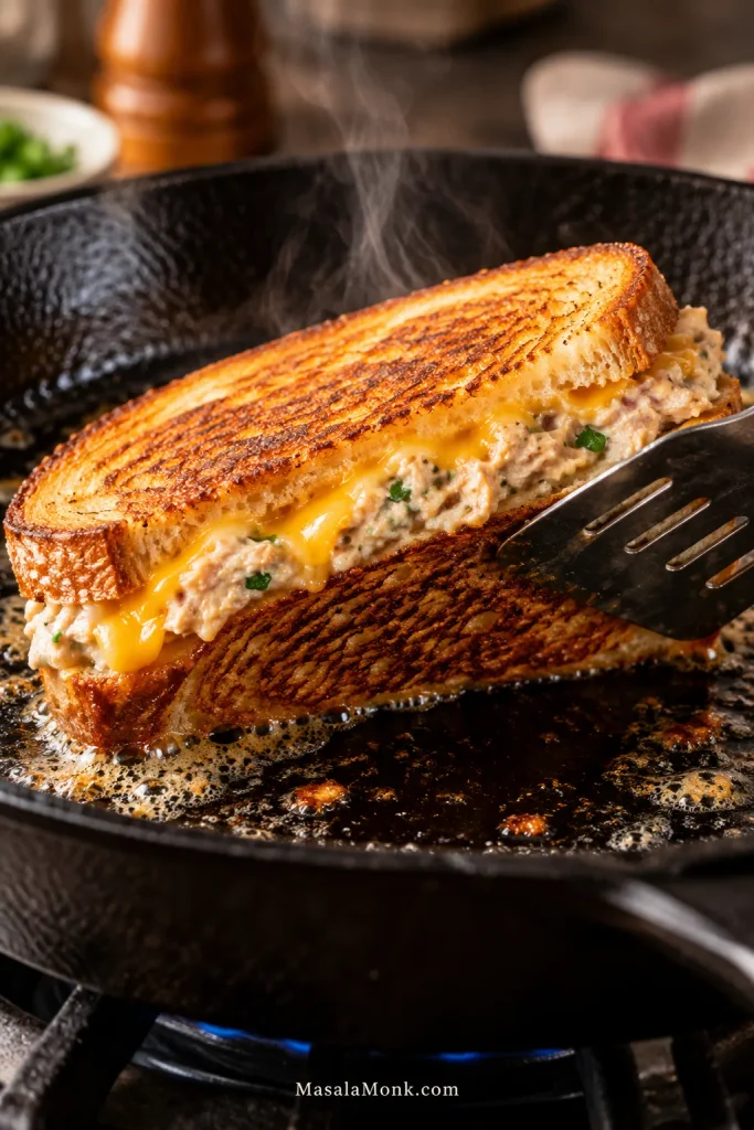 Tuna melt being lifted with a spatula in a skillet to expose an evenly deep-golden toasted underside.