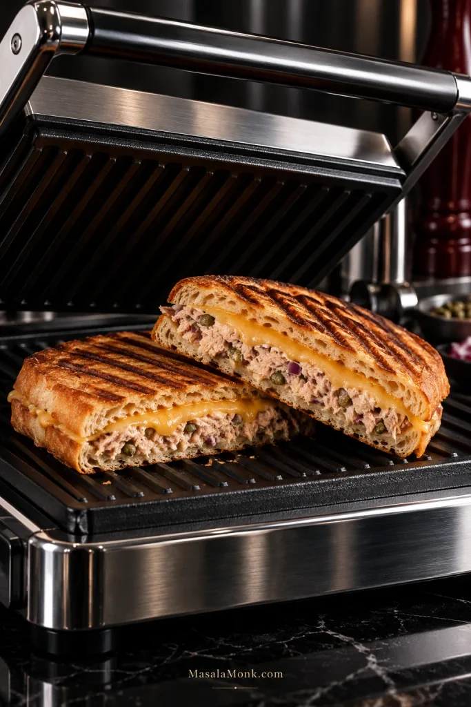 Pressed tuna melt with grill marks cut open beside a panini press, showing tuna filling and melted cheddar inside.