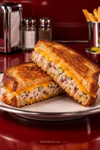 Two halves of a golden sourdough tuna melt with creamy tuna filling and melted orange cheddar on a diner plate.