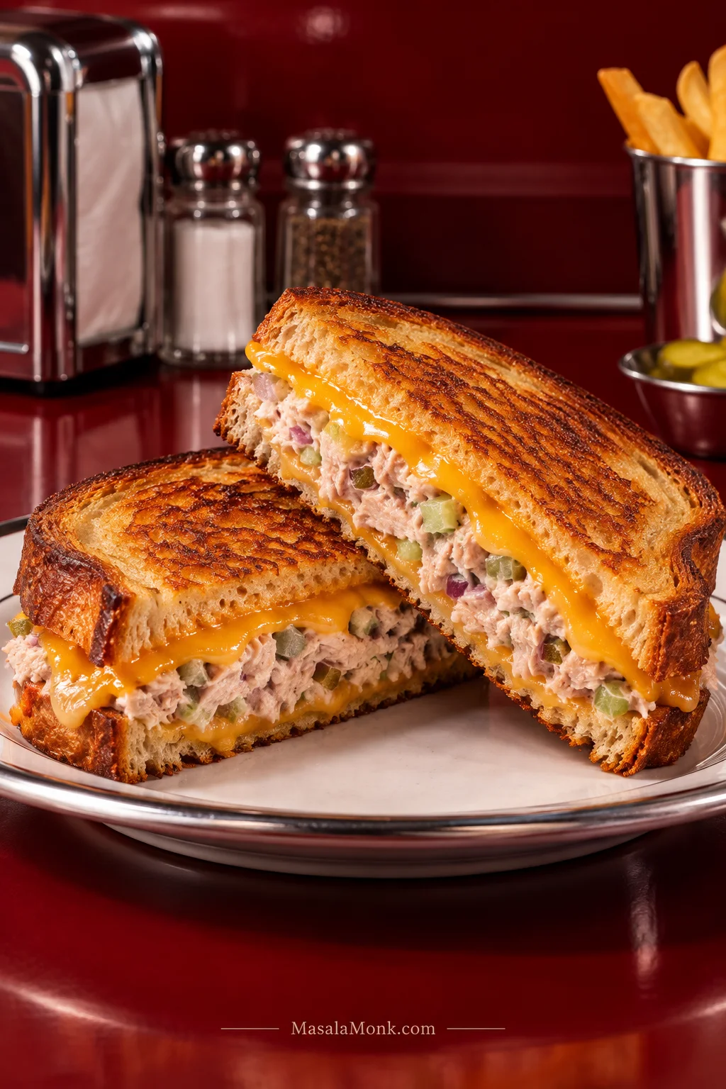 Two halves of a golden sourdough tuna melt with creamy tuna filling and melted orange cheddar on a diner plate.