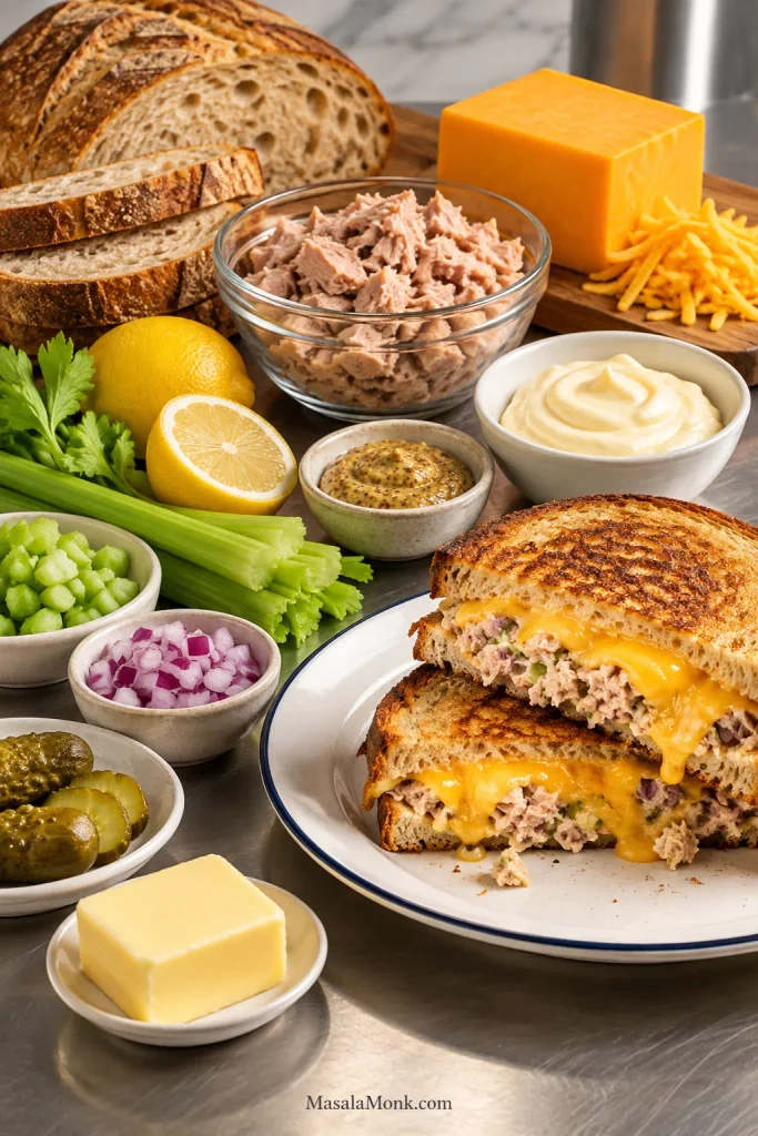 Tuna melt ingredients arranged on a prep surface, including canned tuna, sourdough, cheddar, mayonnaise, lemon, Dijon mustard, celery, red onion, pickle, and butter.