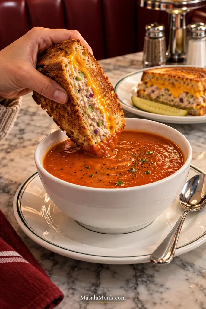 Hand dipping the crisp corner of a tuna melt into a white bowl of tomato soup at a diner table.