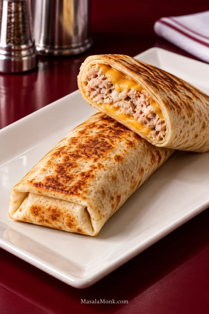Browned tuna melt wrap on a plate, with one piece cut open to show a narrow tuna and melted cheddar filling.