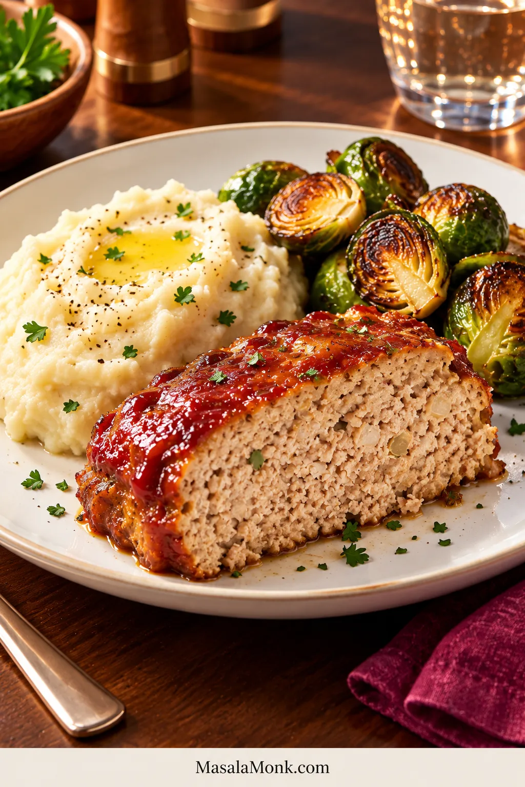 White dinner plate holding a thick slice of glazed turkey meatloaf, creamy mashed potatoes and browned roasted Brussels sprouts on a dark wooden table.