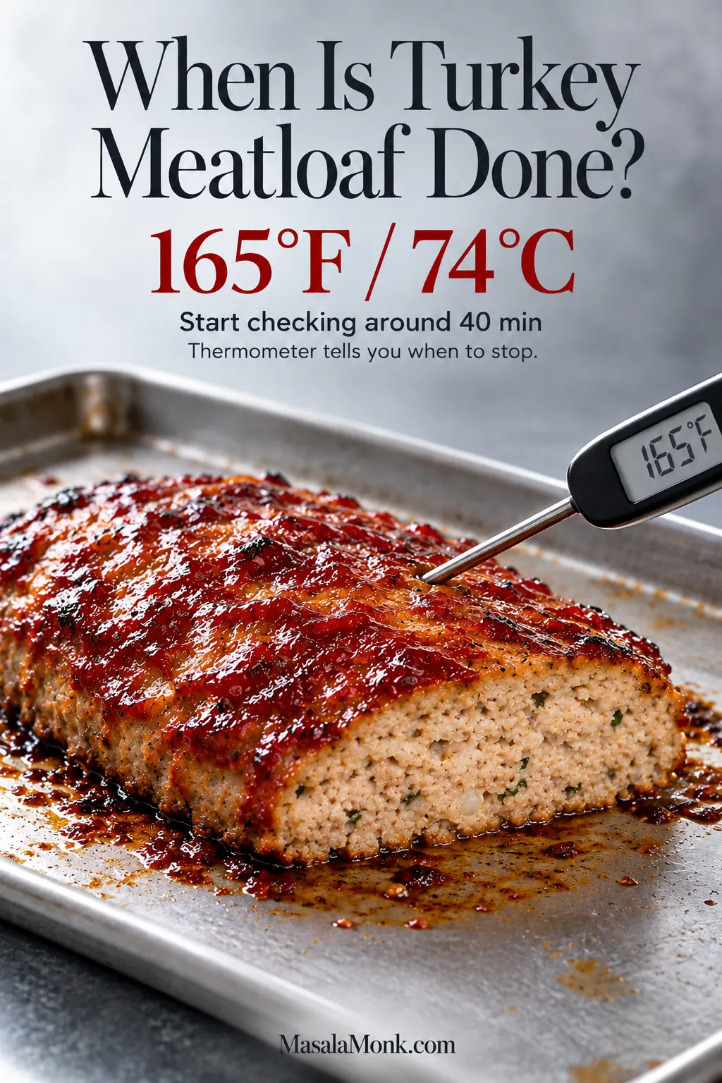 Instant-read thermometer inserted into the center of a glazed turkey meatloaf and displaying 165 degrees Fahrenheit, with doneness guidance above it.