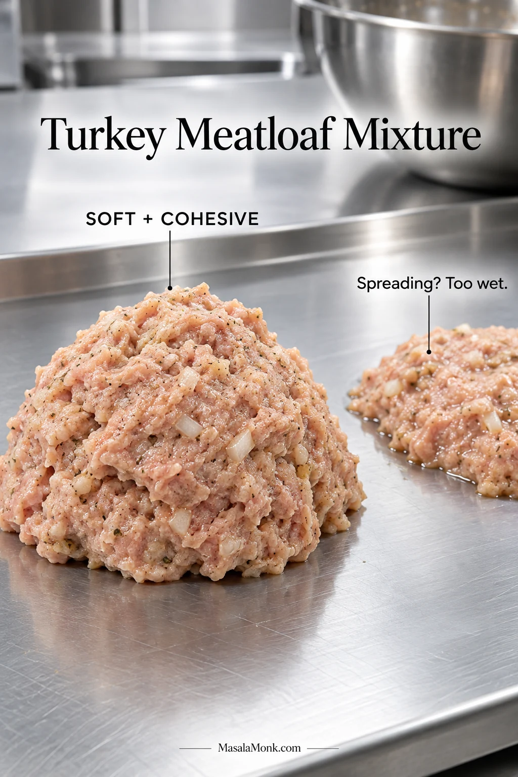 Raw ground turkey meatloaf mixture shown in two textures, with a cohesive mound beside a softer, wetter mixture on a stainless work surface.