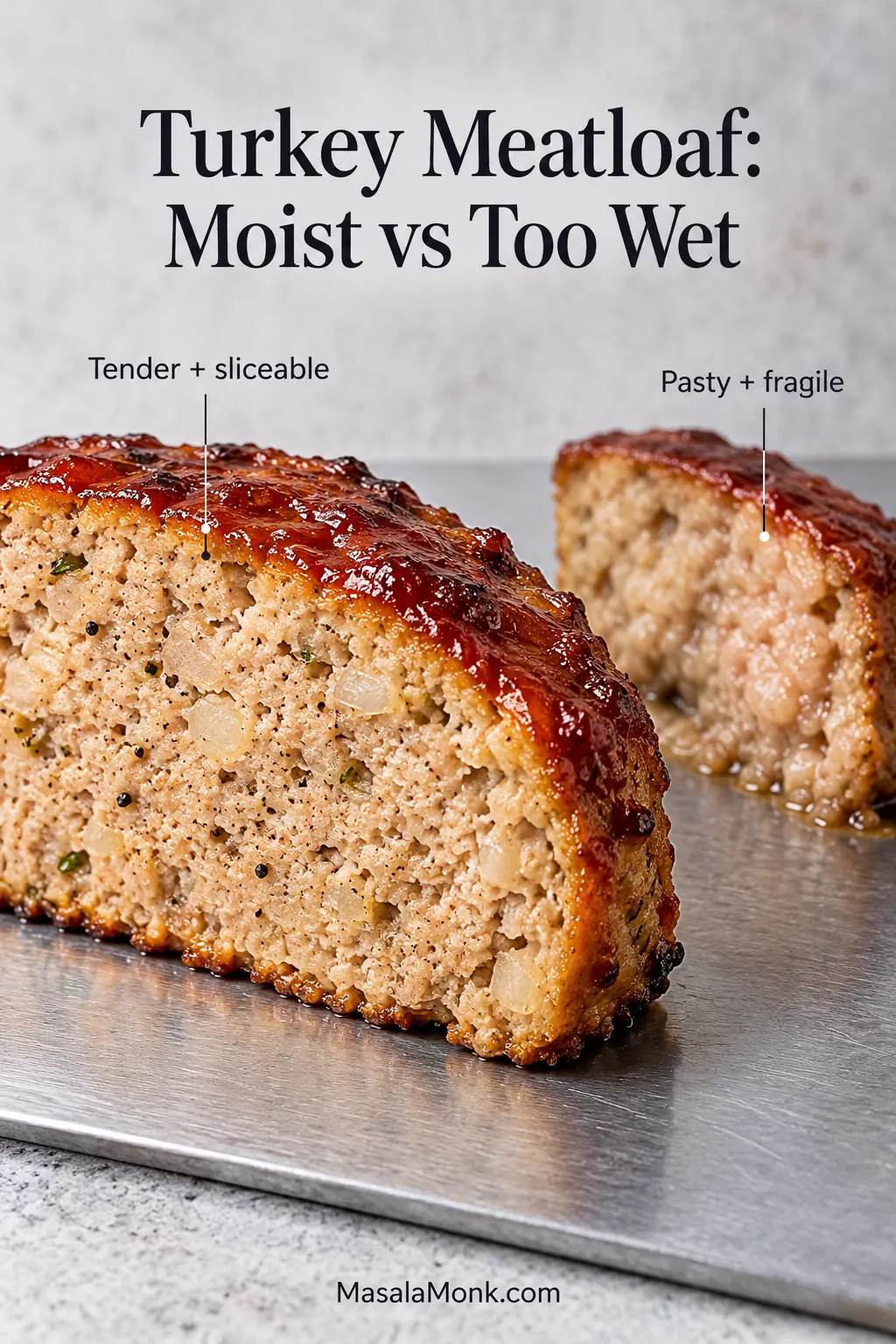 Comparison of two cooked turkey meatloaf slices, with one showing a cohesive tender crumb and the other showing a softer, wetter and pastier interior.